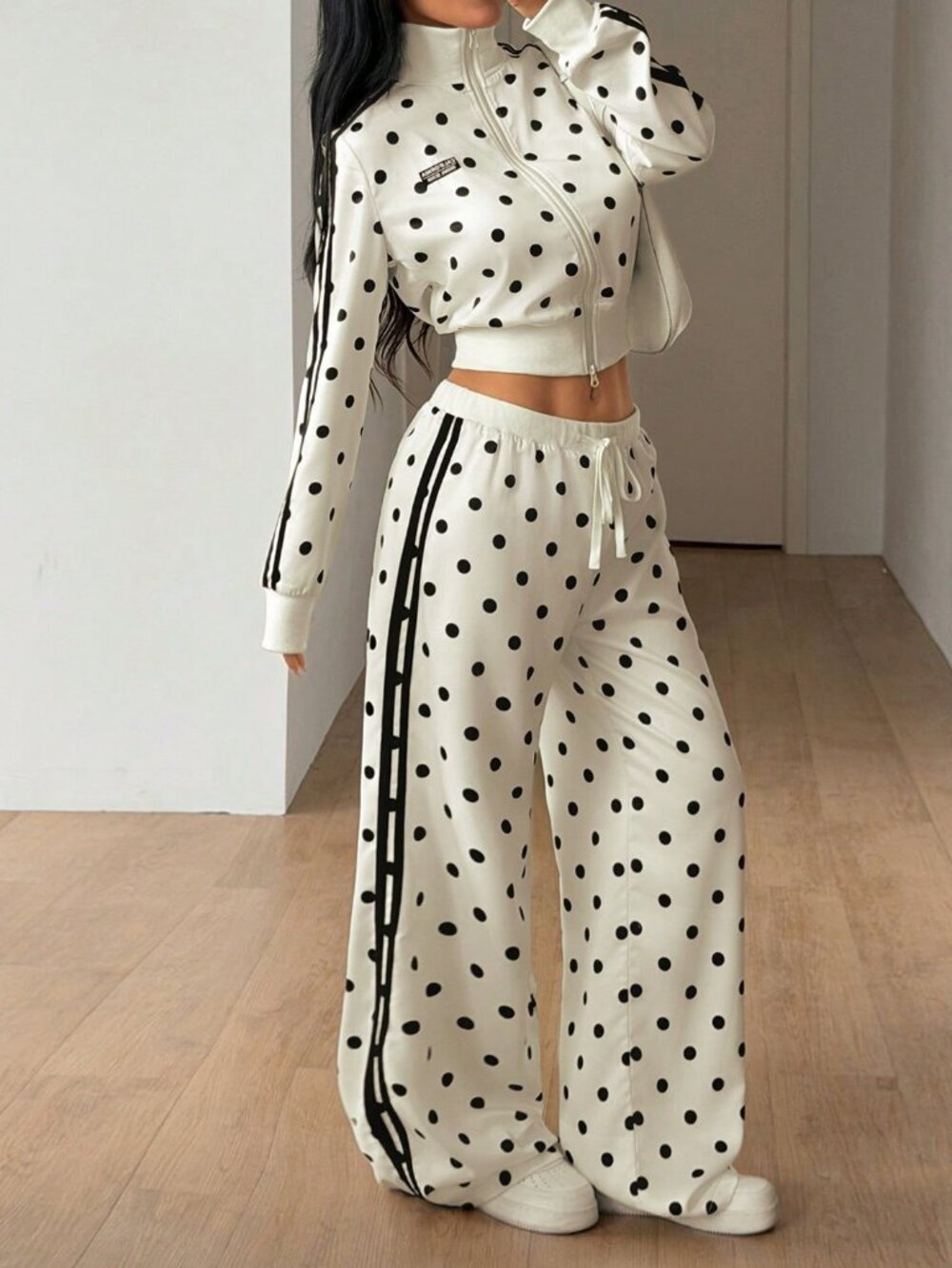 Beige Women's Casual Loose Sweet Polka Dot Drawstring Pants